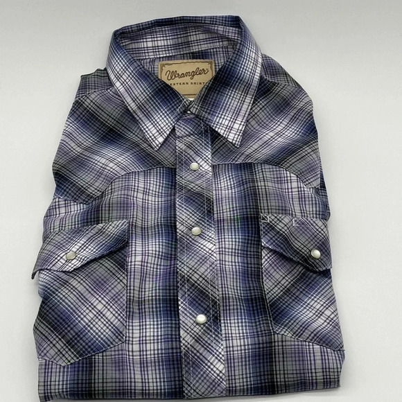 WRANGLER Pearl Snap Western Shirt Long Sleeve Men's Size Large Purple Plaid - Picture 1 of 7